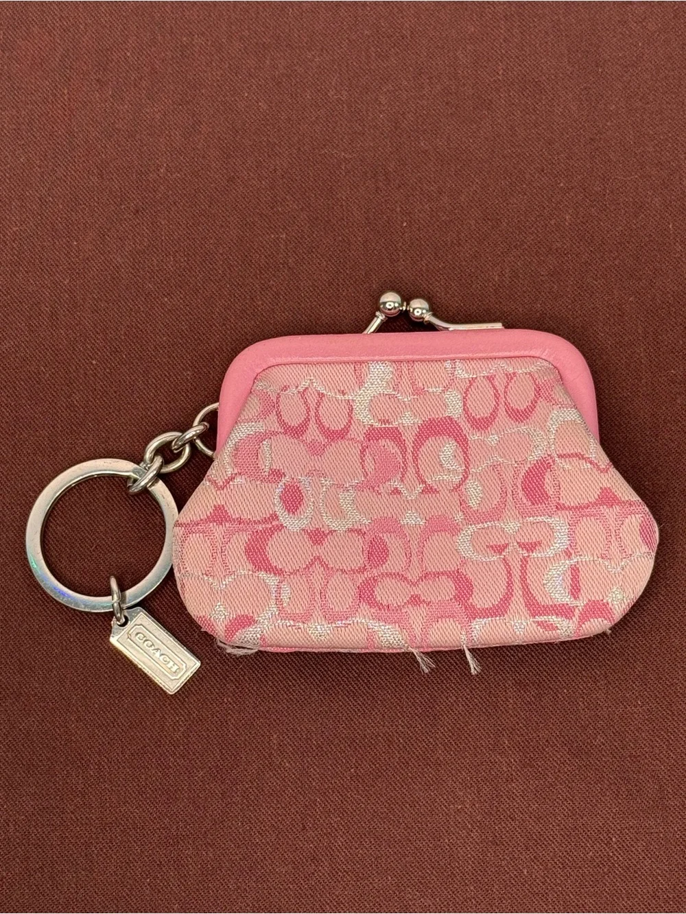 Coach Vintage Optic Pink Signature Kiss-Lock Coin Purse with Key Ring